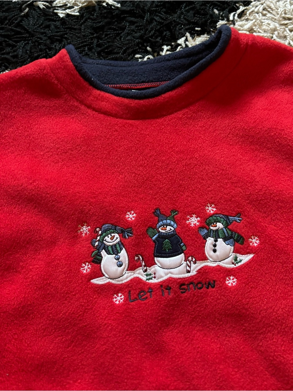 Let It Snow Snowman Graphic Fuzzy Cozy Red Navy Blue Collar Crewneck Sweater